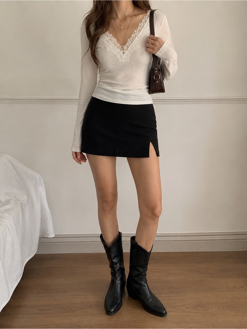 Ivory White Lace-Trim V-Neck Long Sleeve Top